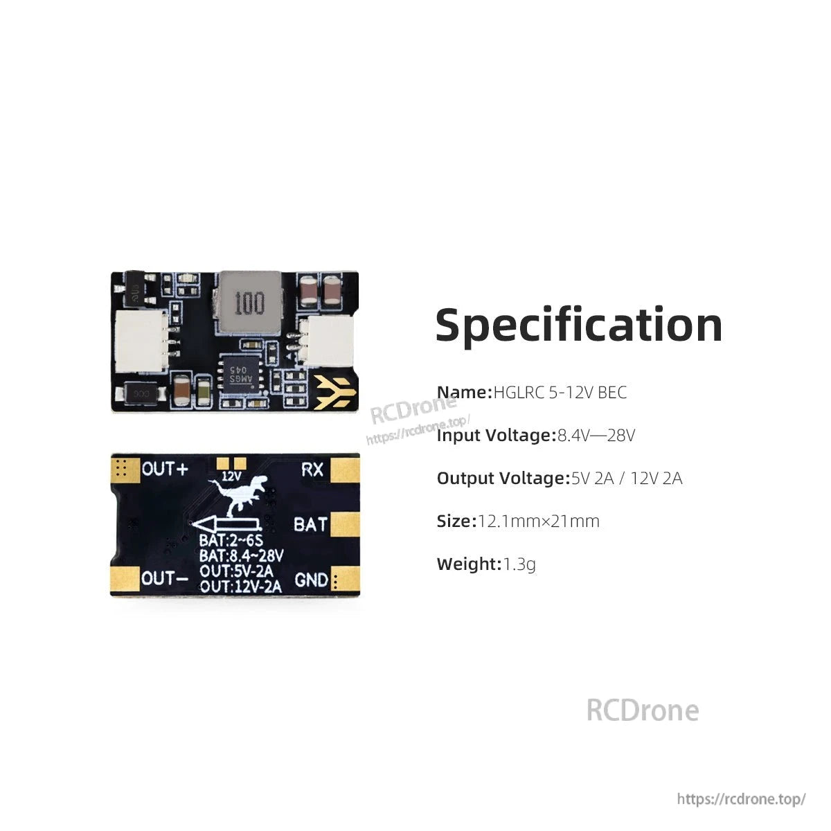 Specification graphic for HGLRC 5-12V BEC: input 8.4–28V, 5V/12V 2A, size 12.1×21mm