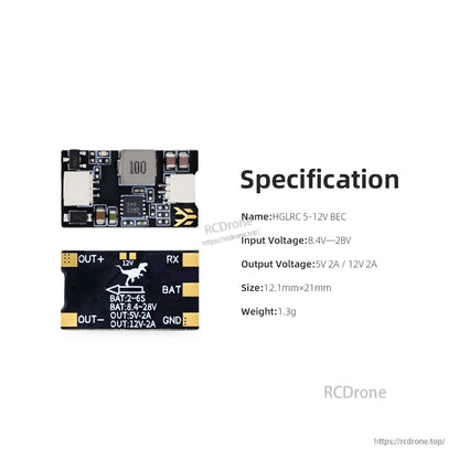 Specification graphic for HGLRC 5-12V BEC: input 8.4–28V, 5V/12V 2A, size 12.1×21mm