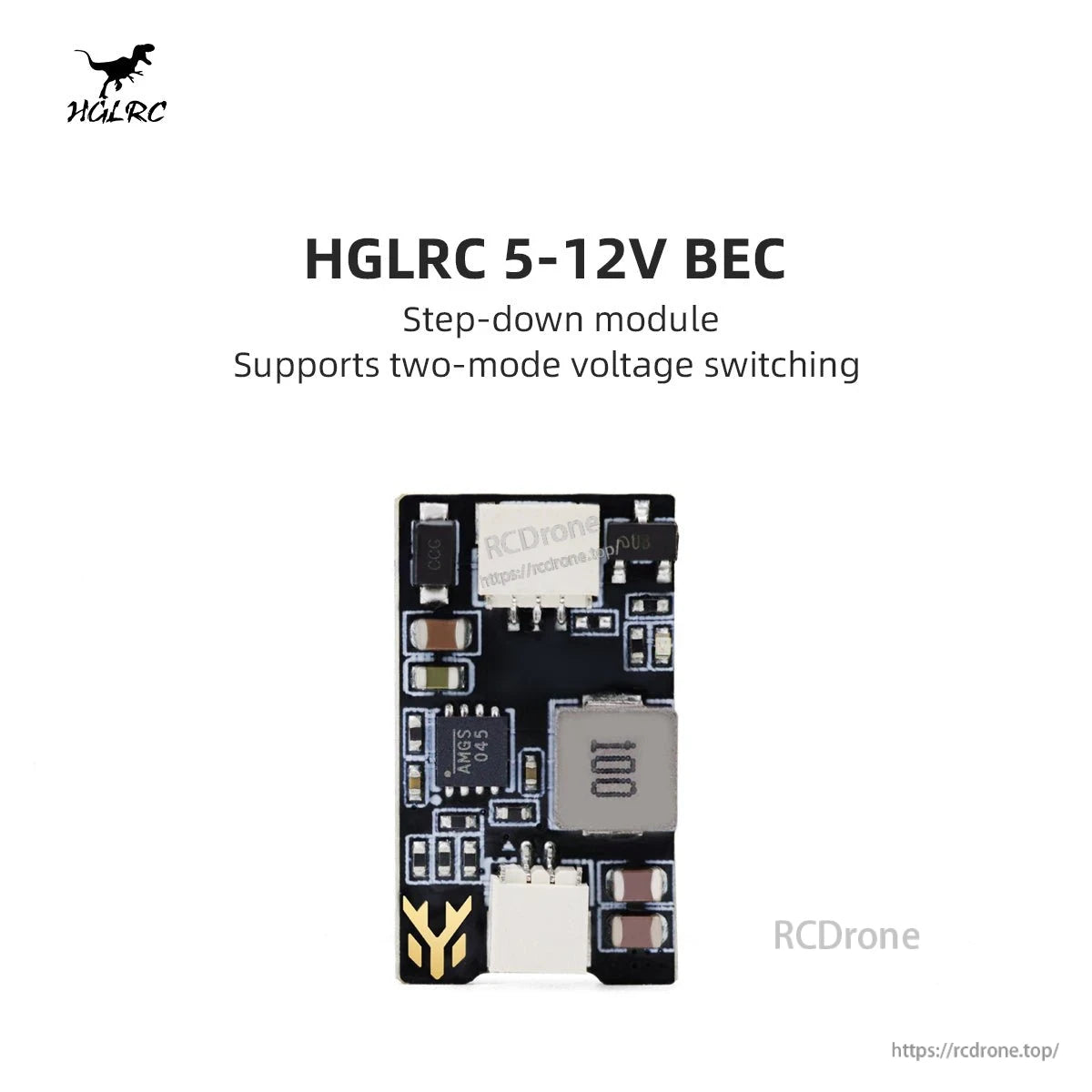 HGLRC 5-12V BEC product graphic stating step-down module and two-mode voltage switching