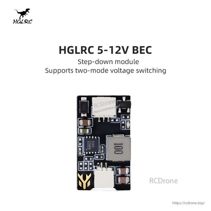 HGLRC 5-12V BEC product graphic stating step-down module and two-mode voltage switching