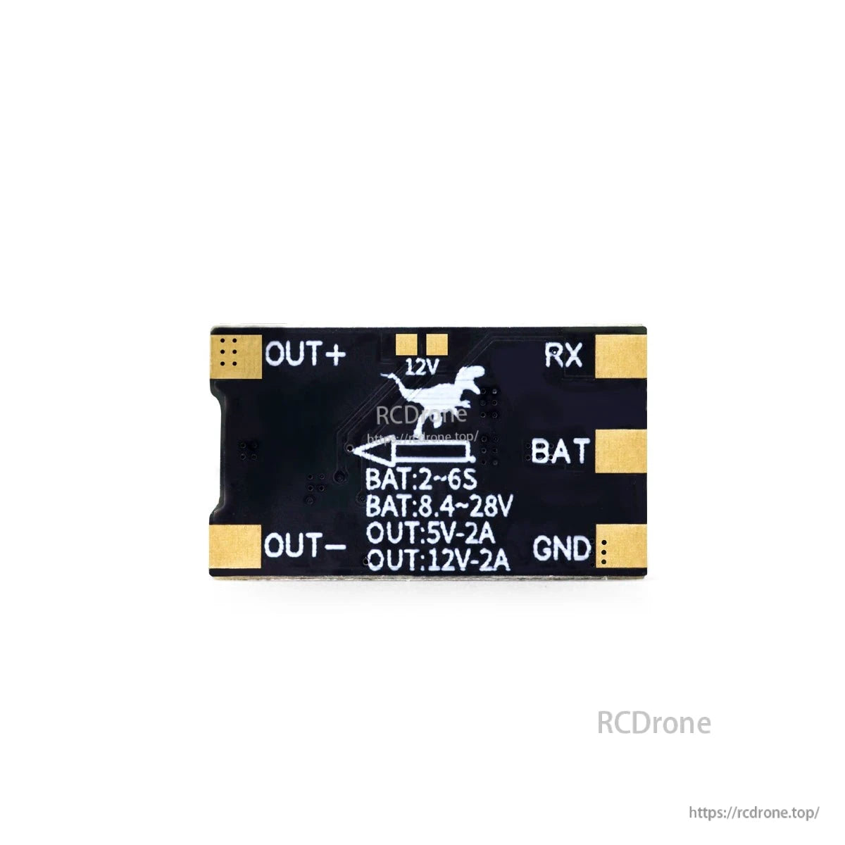 Back side pads and labels: OUT+/OUT-, RX, BAT, GND, and printed 5V/12V output markings