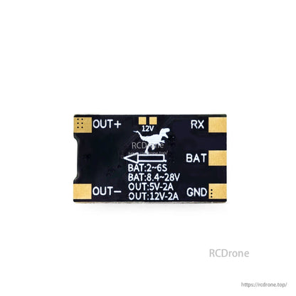 Back side pads and labels: OUT+/OUT-, RX, BAT, GND, and printed 5V/12V output markings