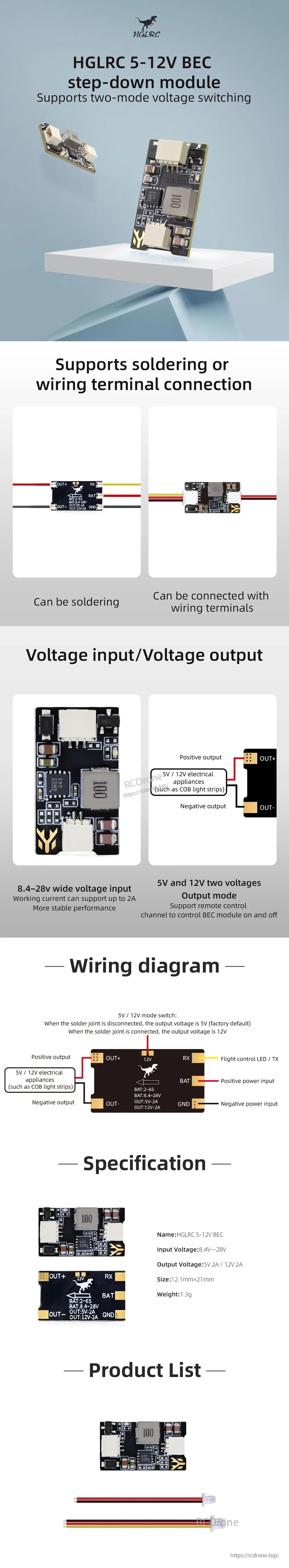 HGLRC 5-12V BEC step-down module overview with wiring terminals, 5V/12V mode pads, and wiring diagram