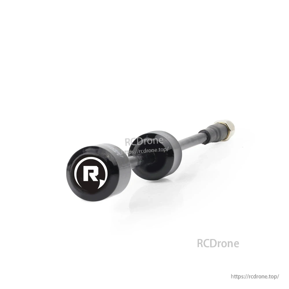 Close-up angled view of antenna head marked 'R' with coax lead and SMA connector in background