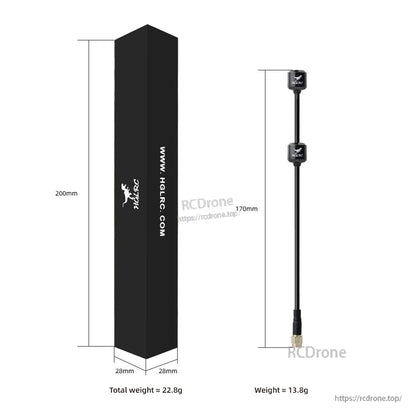 Size and weight diagram showing 170mm antenna and 200mm retail box with weights listed