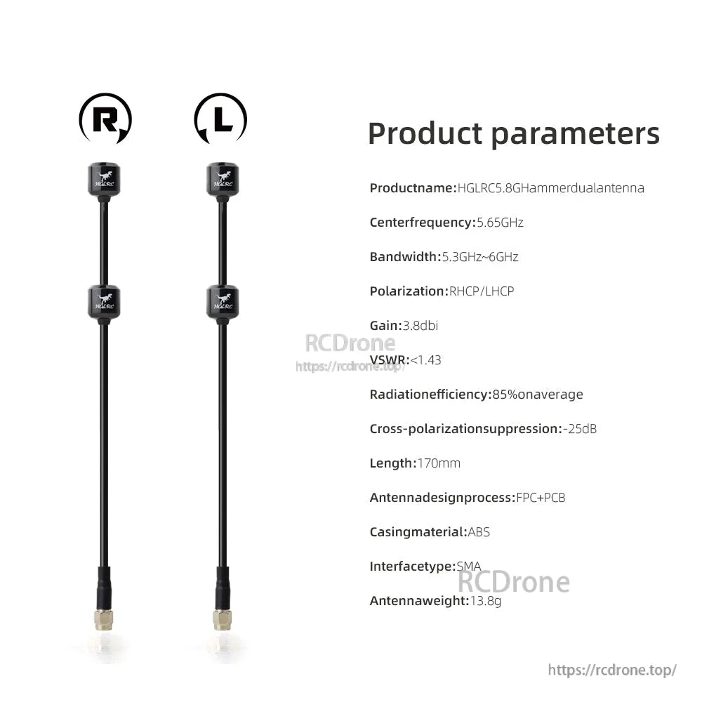 Product parameters chart with RHCP/LHCP icons and listed specs for 5.8G Hammer dual antenna