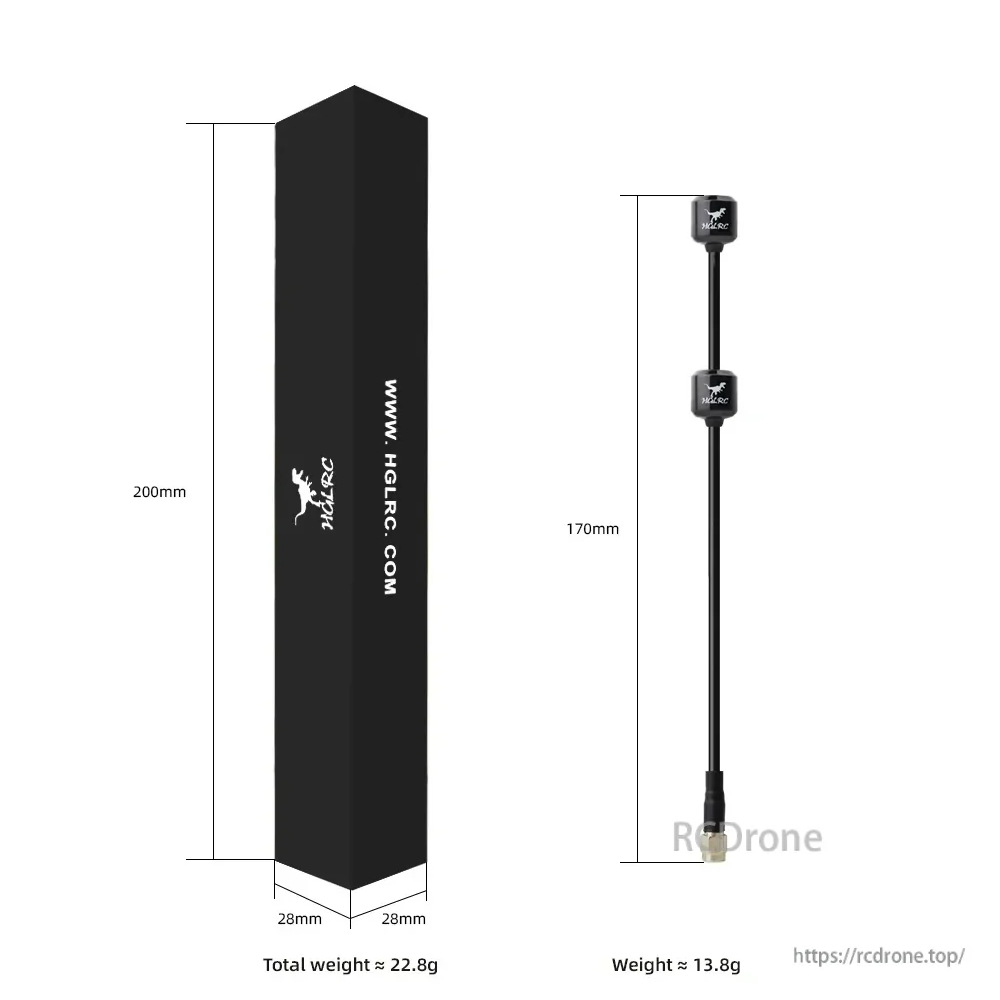Size and weight reference for HGLRC 5.8G Hammer Dual Antenna: 170mm length, approx. 13.8g, box 200×28×28mm