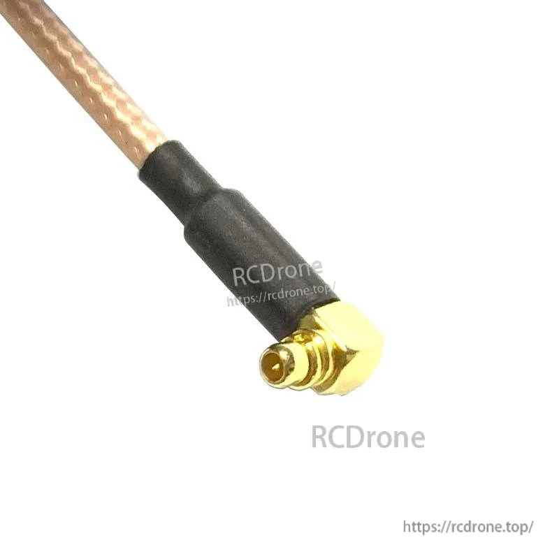 Right-angle MMCX connector close-up on the HGLRC 5.8GHz antenna, gold-plated plug