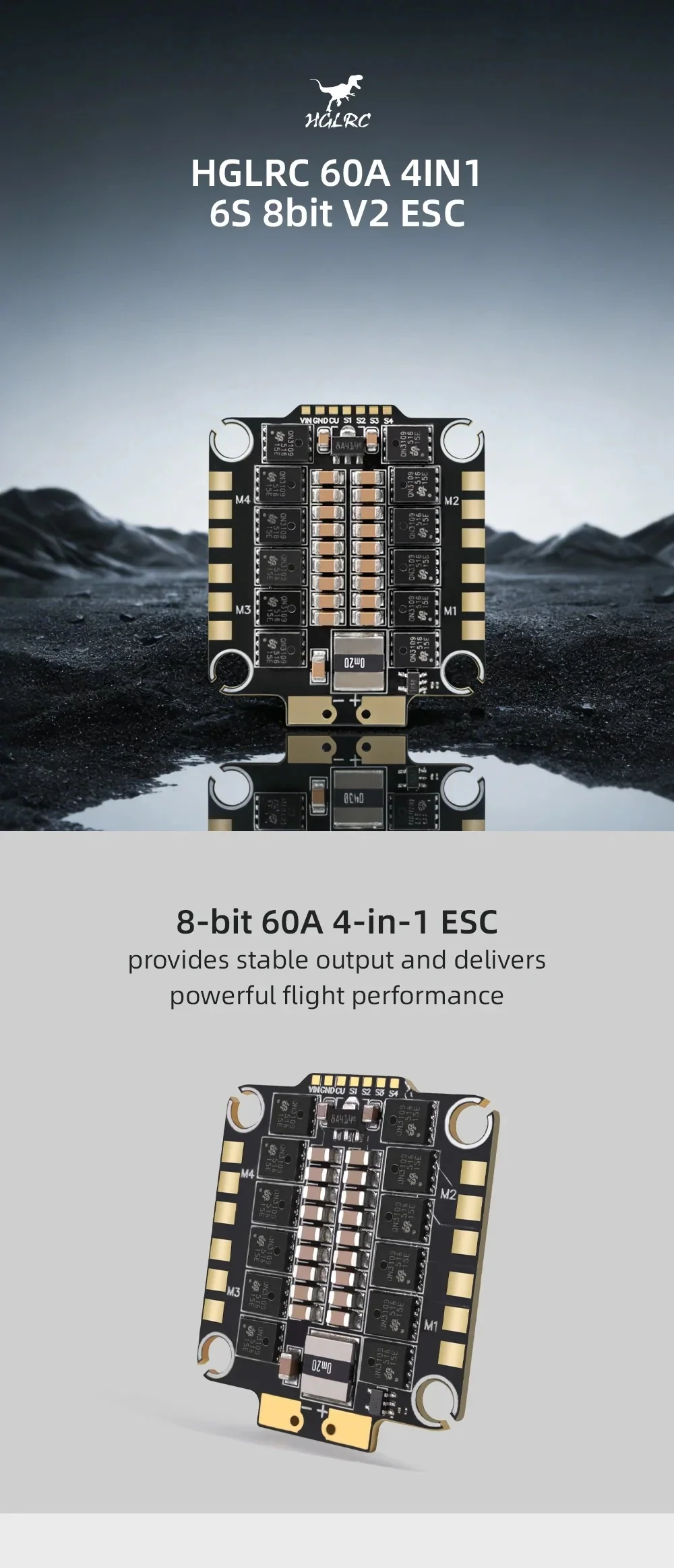 HGLRC 60A 4in1 6S 8-bit V2 ESC top view, 4-in-1 board layout for FPV quad builds