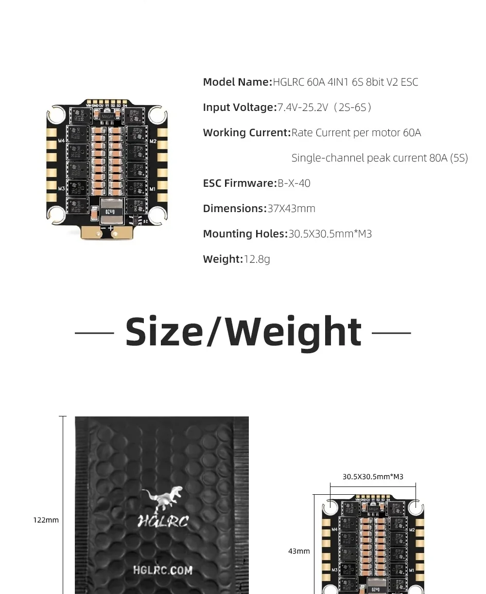 Specification panel listing 2S–6S input voltage, 60A per motor rating, B-X-40 firmware, and 37×43mm size