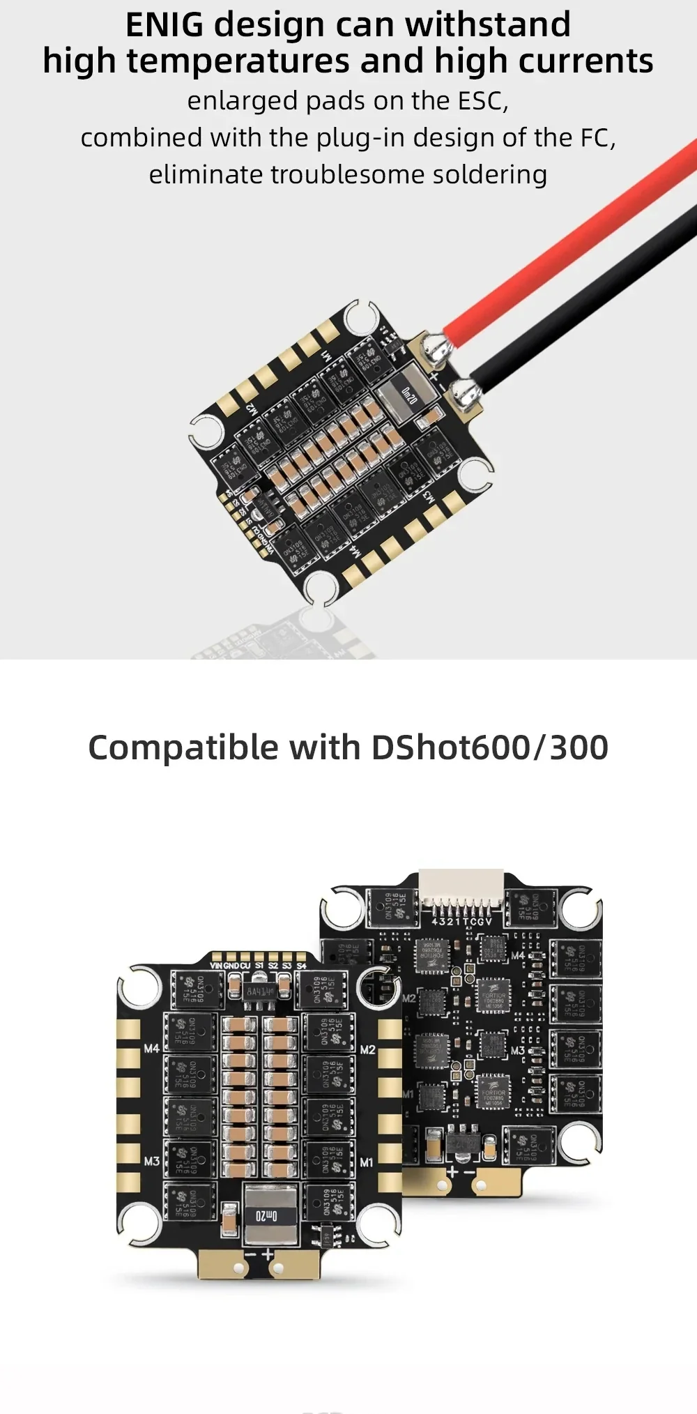 Close-up of ESC power pads and FC plug connector; ENIG board design and DShot600/300 compatibility callout