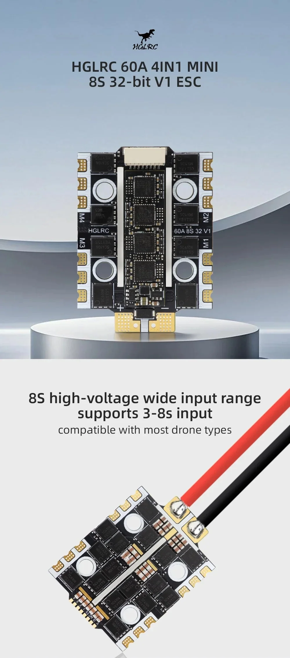 HGLRC 60A 4in1 Mini 8S 32-bit V1 ESC top view, compact 20×20mm stack size for FPV drones