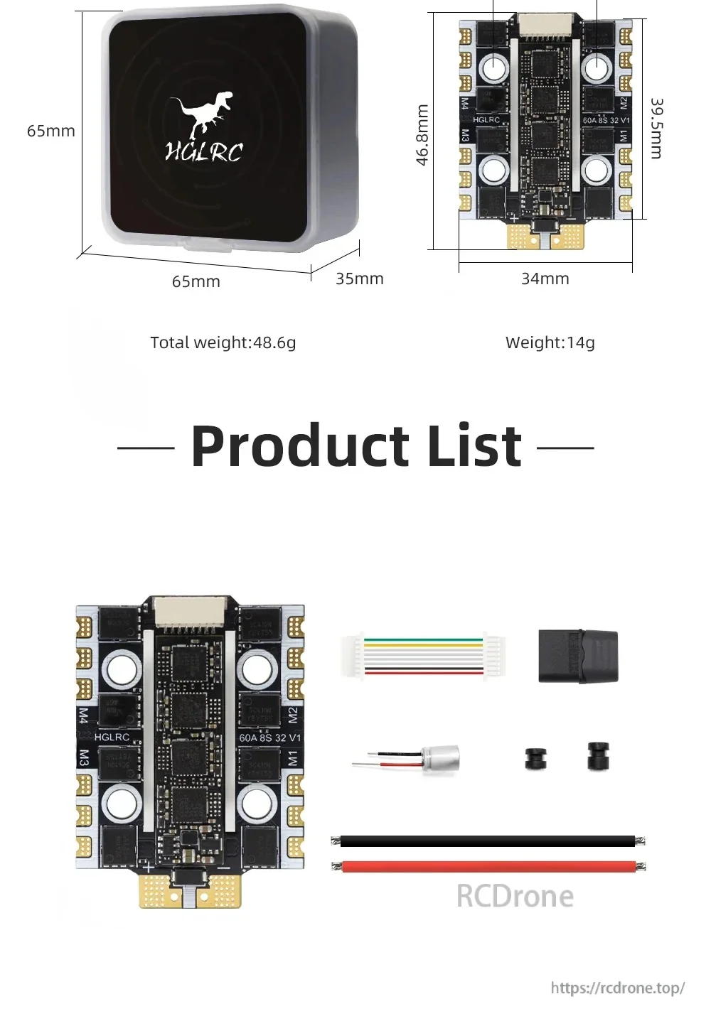 Package contents and dimensions: ESC, wiring harness, capacitor, heat-shrink sleeve, power wires, and mounting parts