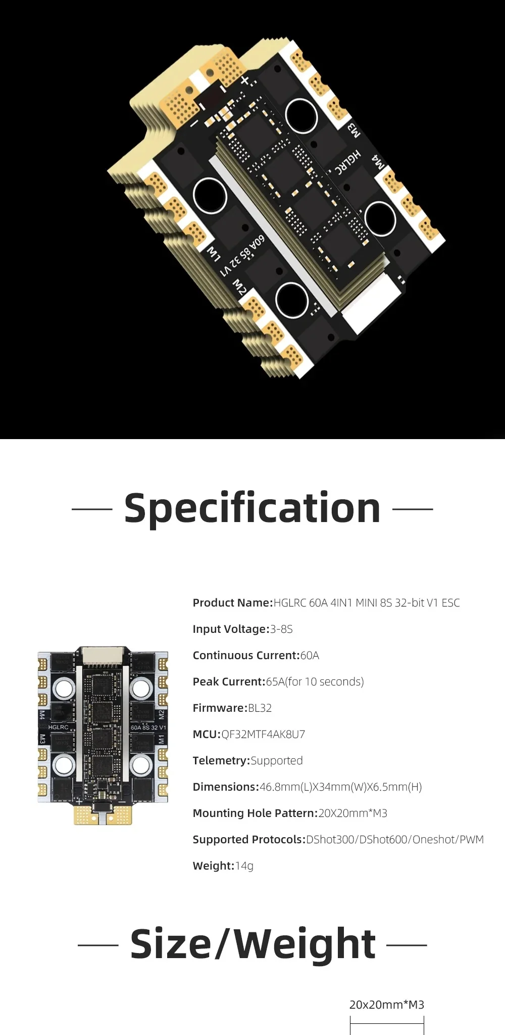 Angled view with printed specification table for the ESC, listing 3–8S input, 60A continuous, and telemetry support