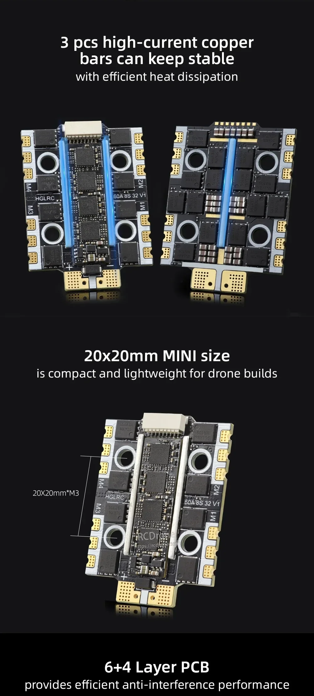 Close-up of copper power bars and 20×20mm M3 mounting pattern on the HGLRC 60A 4in1 Mini 8S ESC