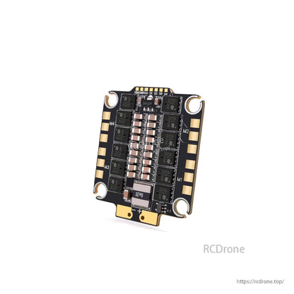 Angled top view of 4-in-1 ESC showing motor output pads labeled M1–M4 and power pads