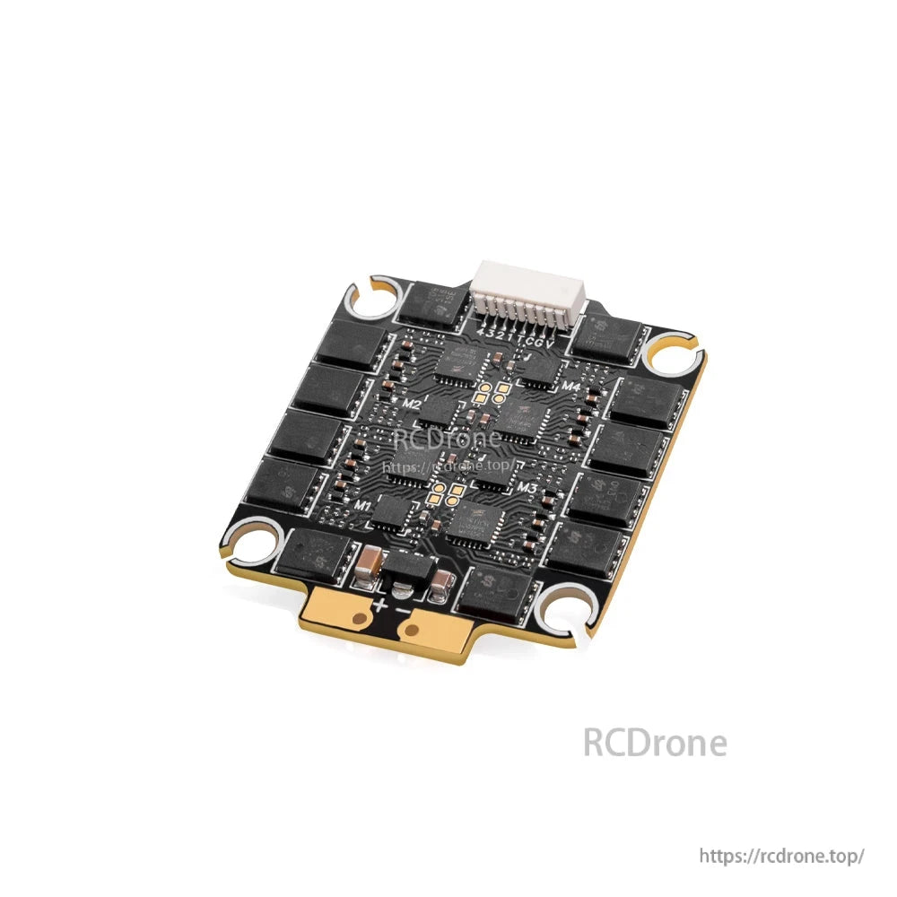 Angled view of ESC underside showing 8-pin connector and component layout on black PCB