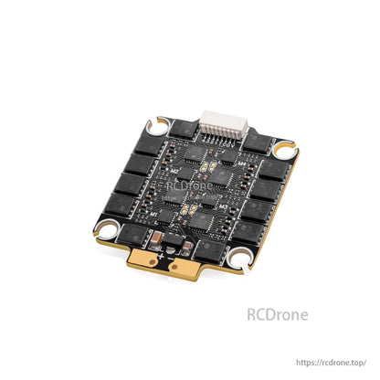 Angled view of ESC underside showing 8-pin connector and component layout on black PCB