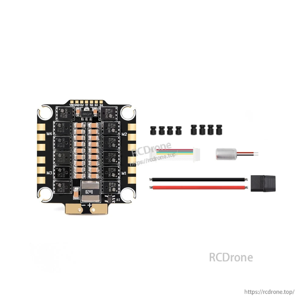 Package contents: 4-in-1 ESC board, mounting screws, wire harness, capacitor and power leads