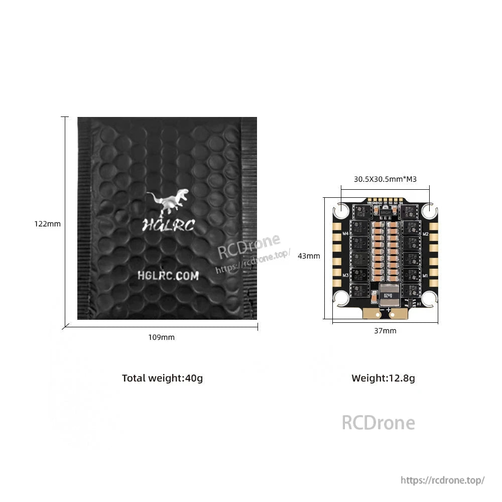 Size and weight diagram showing ESC 37×43 mm, 30.5×30.5 mm mount pattern, package dimensions