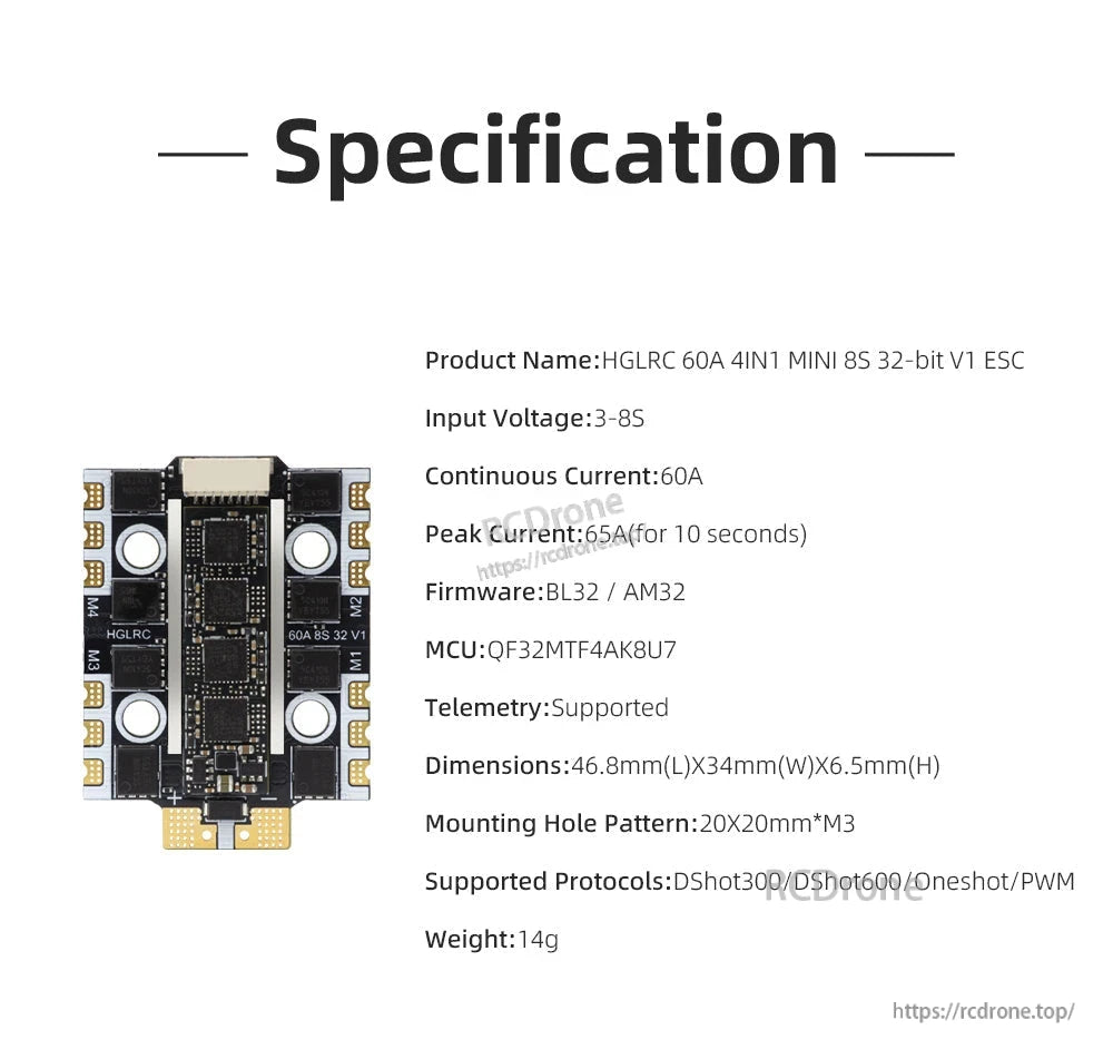 Specification chart for showing voltage, current, size, and weight