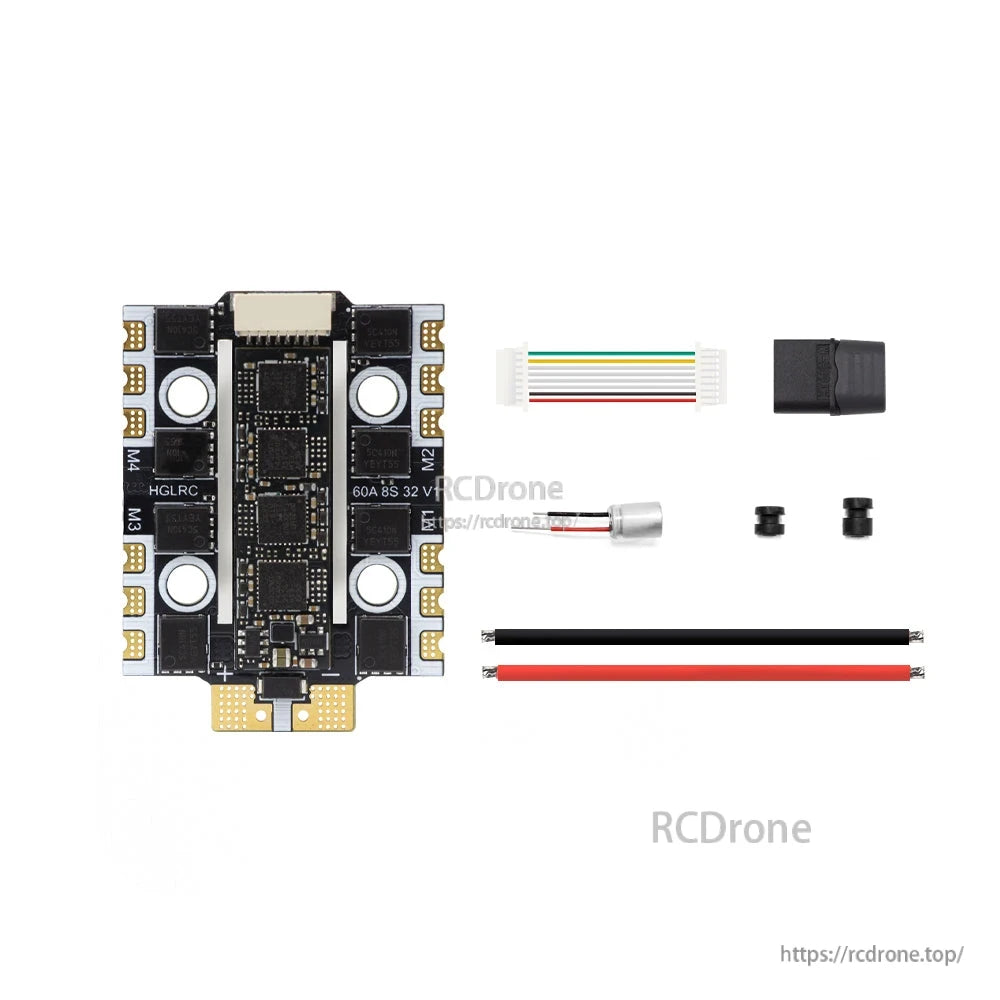 HGLRC 60A 4in1 Mini 8S 32-bit V1 ESC kit with wiring harness, capacitor, heatshrink, screws, and power leads
