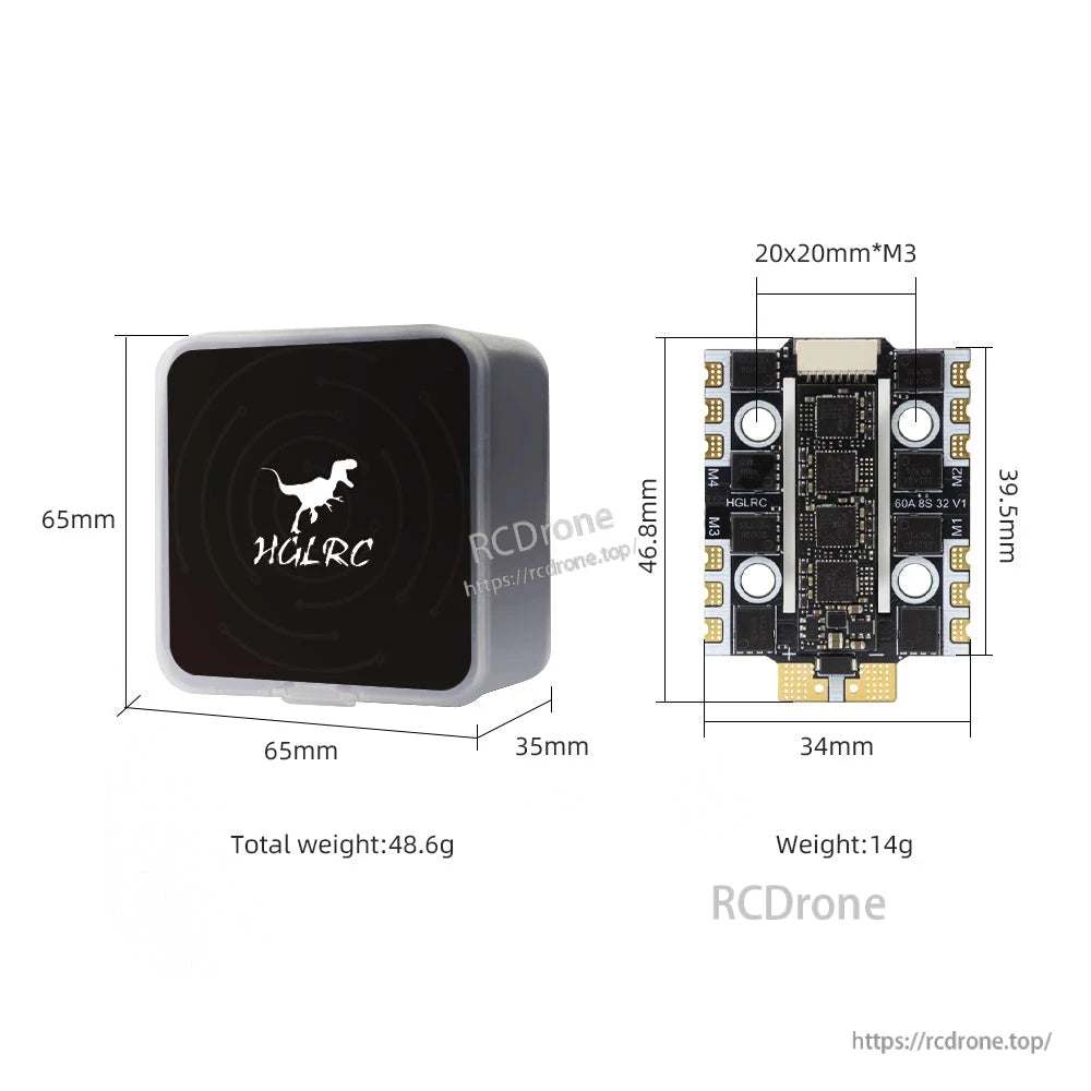 Packaging size and ESC dimensions diagram showing 20x20mm M3 mounting pattern and 14g weight