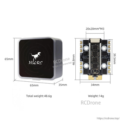 Packaging size and ESC dimensions diagram showing 20x20mm M3 mounting pattern and 14g weight