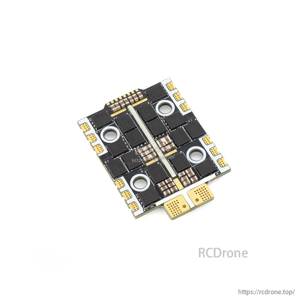 Angled view of ESC underside showing solder pads, components, and mounting holes