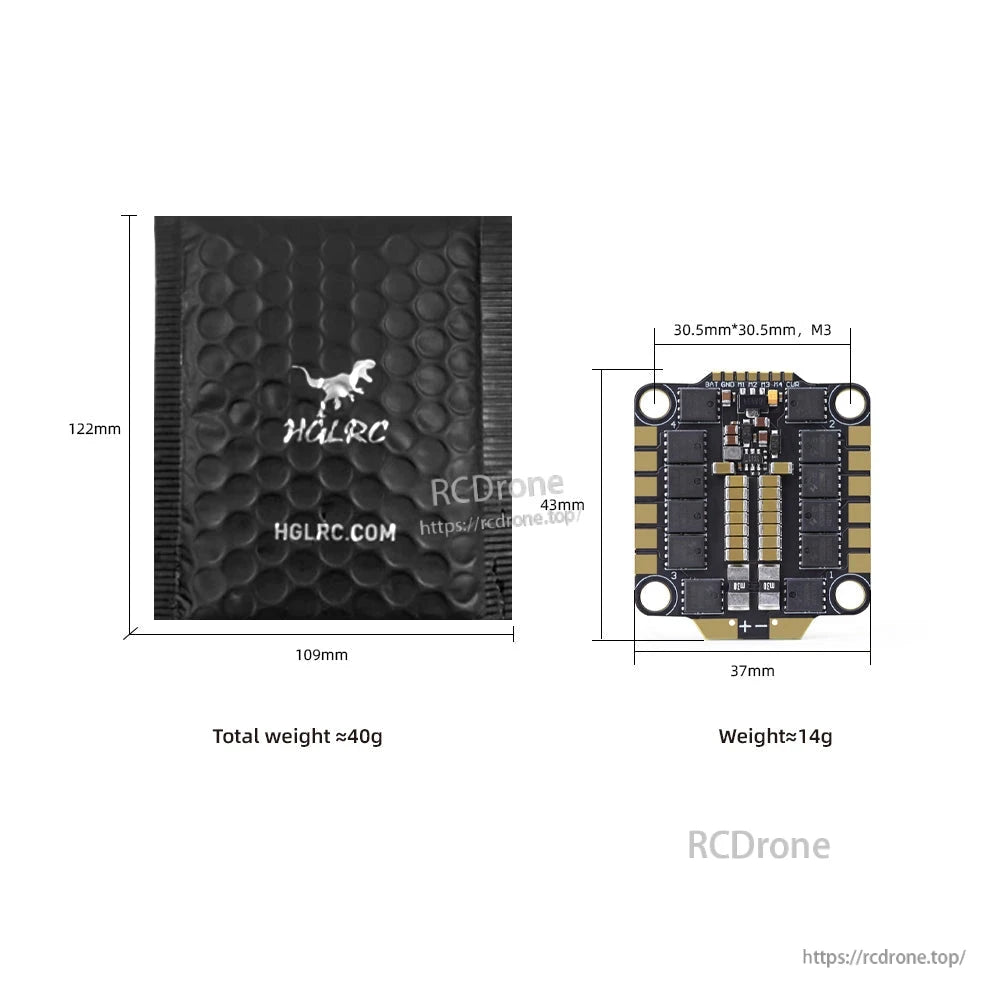 Packaging bag and ESC dimensions diagram showing 37×43 mm size and 30.5×30.5 mm M3 mounting