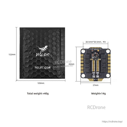 Packaging bag and ESC dimensions diagram showing 37×43 mm size and 30.5×30.5 mm M3 mounting