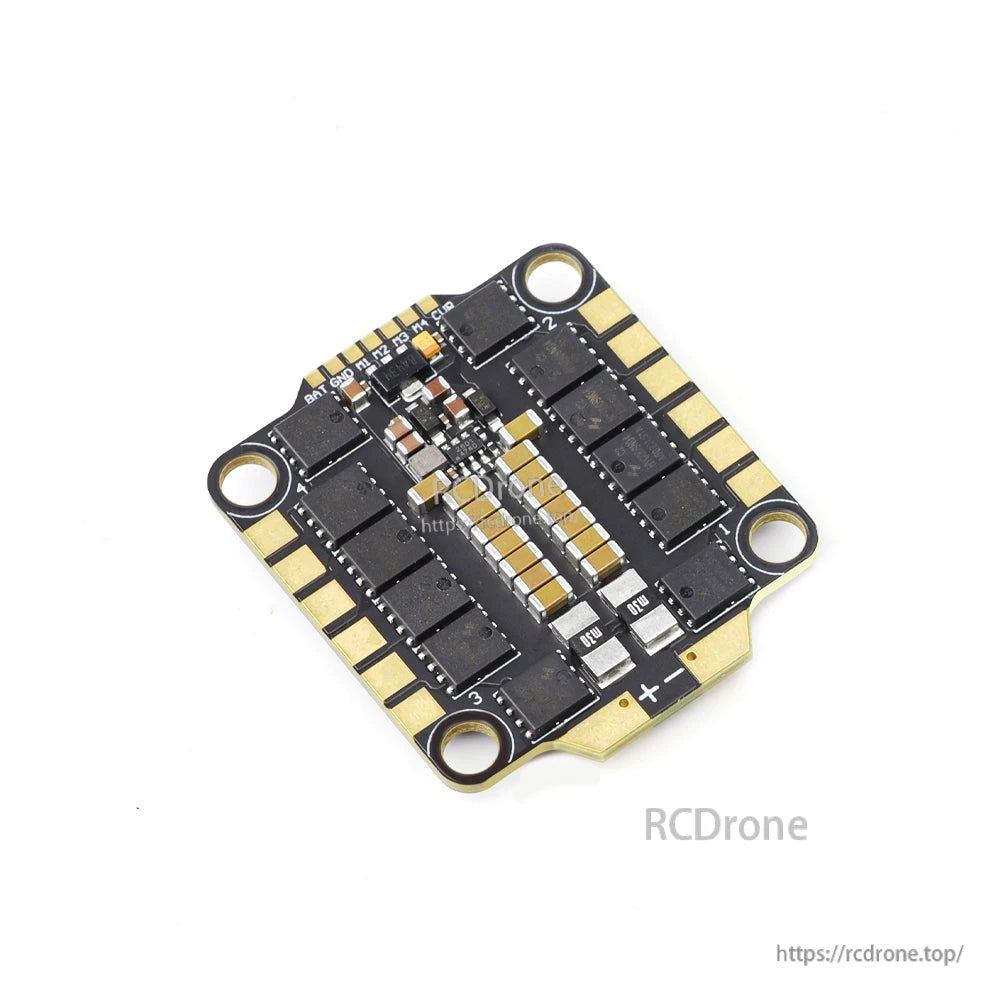 ESC close-up angled view highlighting MOSFET layout and battery positive/negative pads