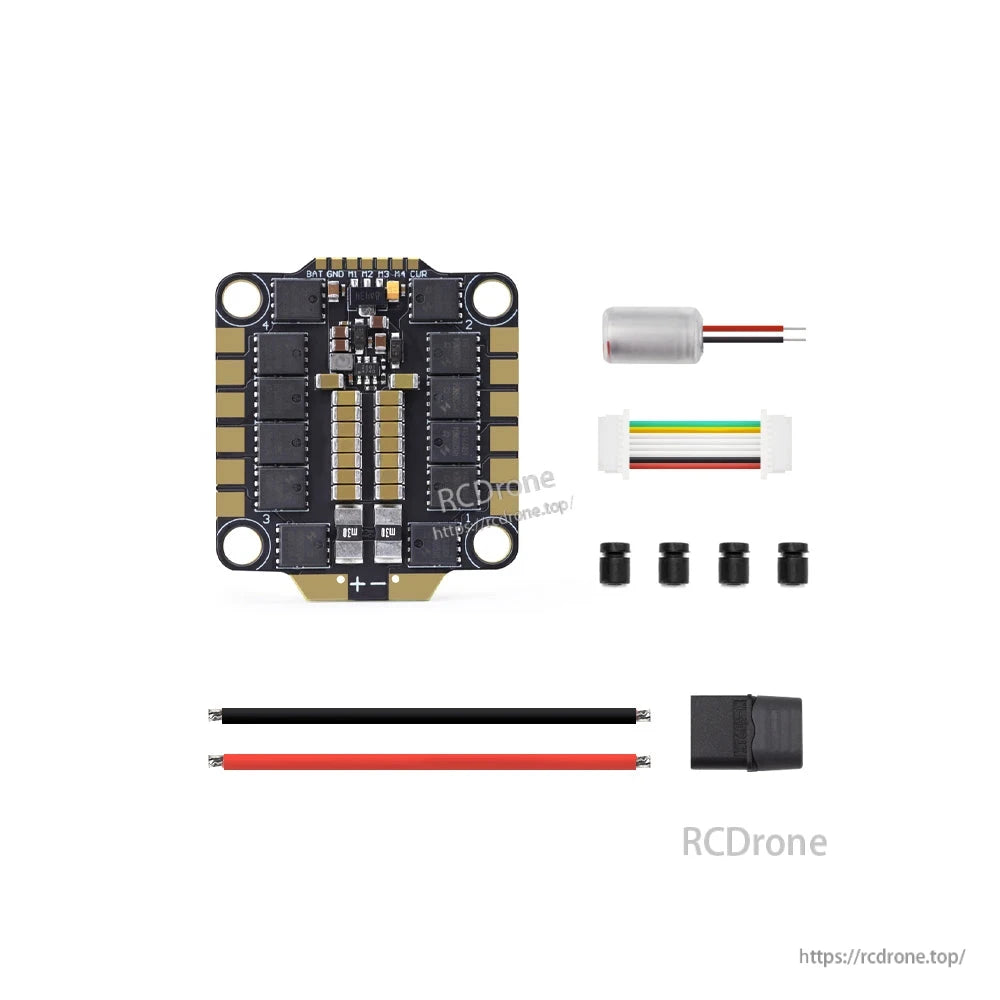 Package contents: HGLRC 60A 6S 4-in-1 ESC, capacitor, wiring harness, battery leads, heat shrink, spacers