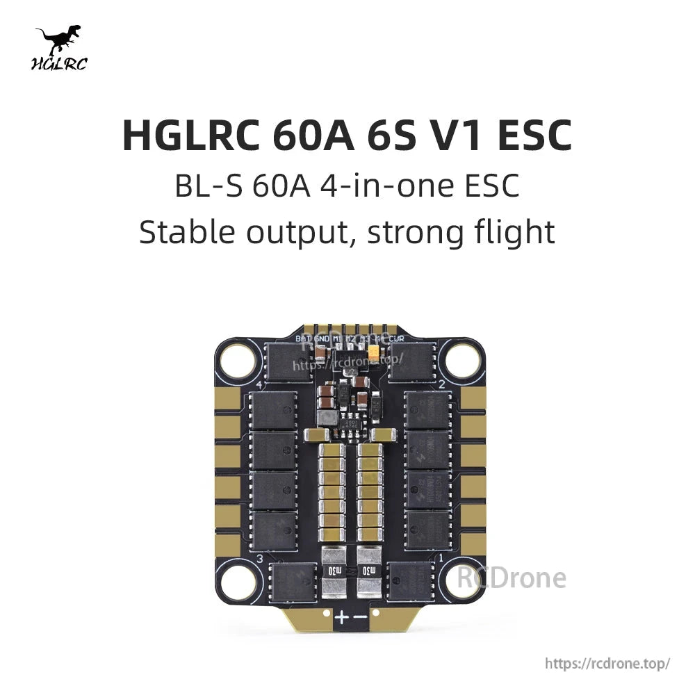 HGLRC 60A 6S V1 ESC promotional graphic with board centered on white background