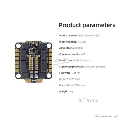 Product parameters chart for HGLRC 60A 6S V1 ESC with voltage range, size, weight, and protocols