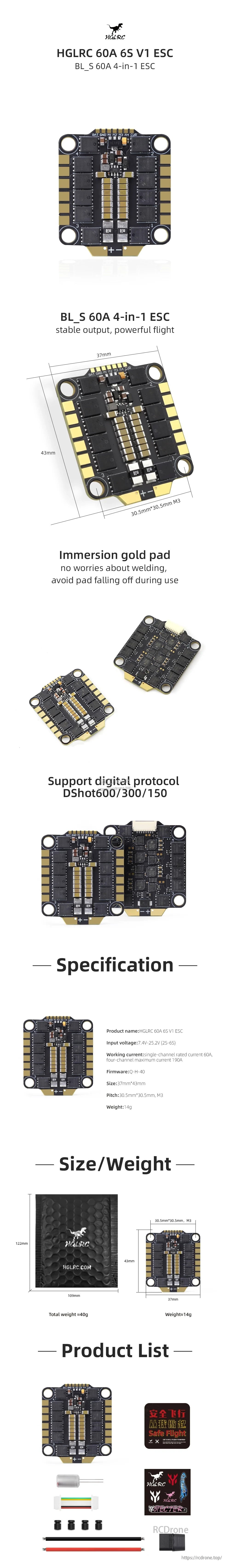 HGLRC 60A 6S V1 BL_S 4-in-1 ESC overview graphic with specs, dimensions, and package contents
