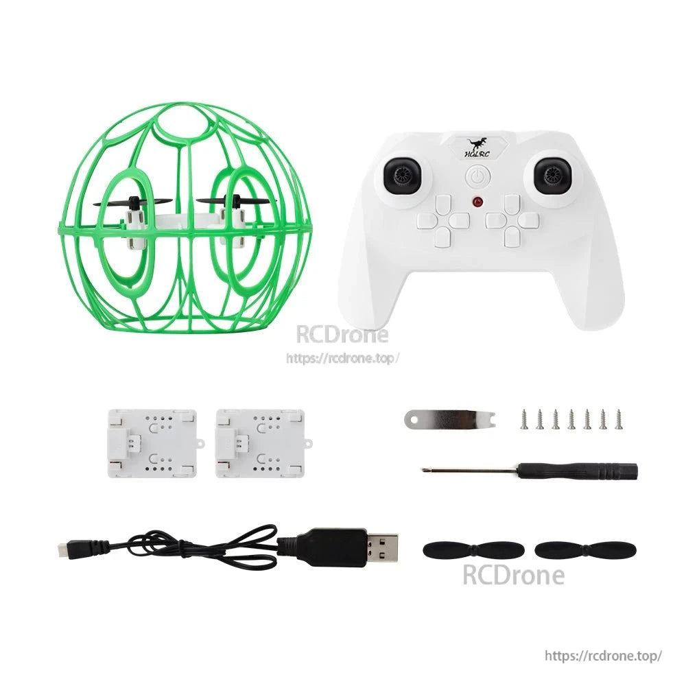 RTF kit contents layout: drone, controller, USB cable, spare props, screws and screwdriver