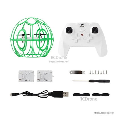RTF kit contents layout: drone, controller, USB cable, spare props, screws and screwdriver