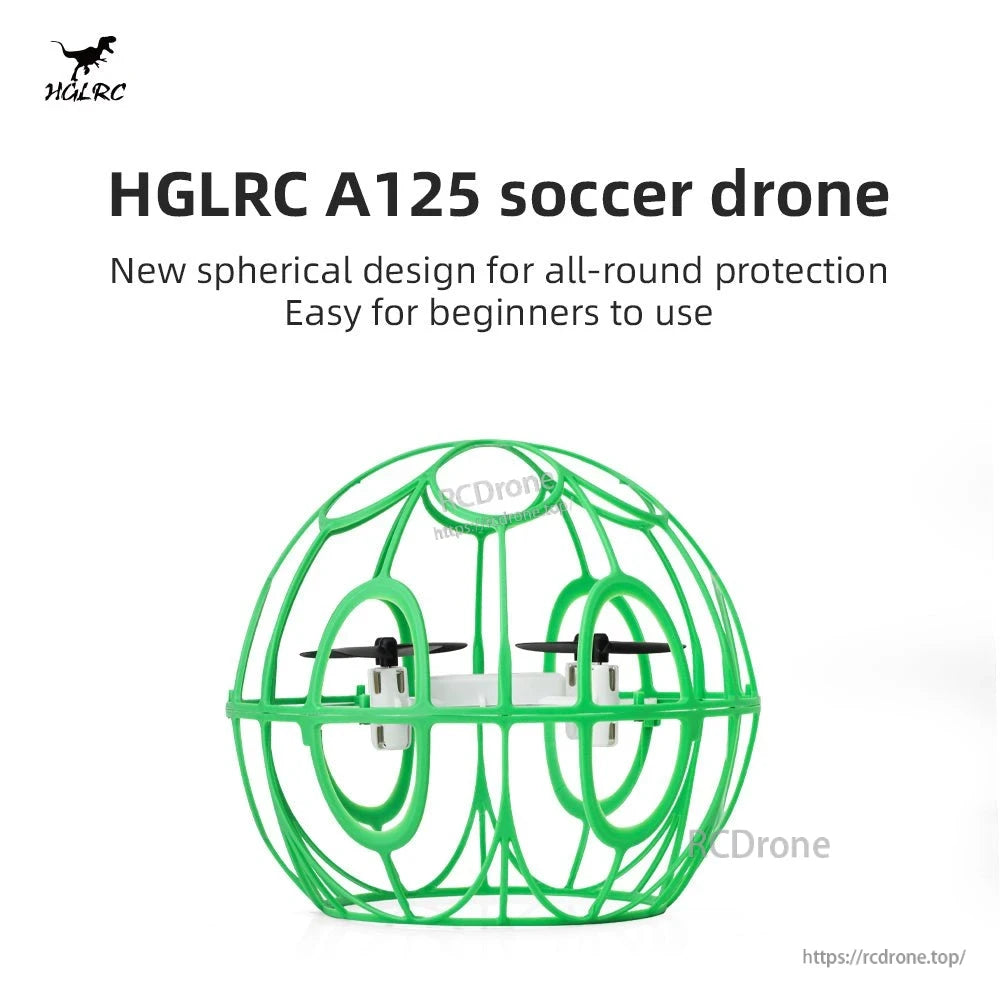 Green spherical protection frame drone promotional graphic with product name text