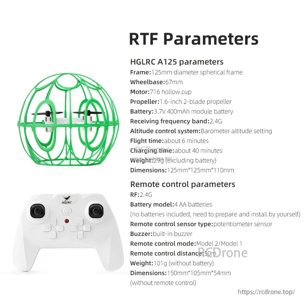 RTF parameters chart for A125 drone and remote control, with specs list