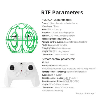 RTF parameters chart for A125 drone and remote control, with specs list
