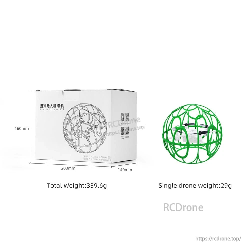 Retail box dimensions and weight graphic with packaged box and drone shown