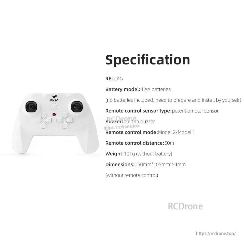 Remote controller specification sheet showing RF 2.4G, AA batteries, and dimensions
