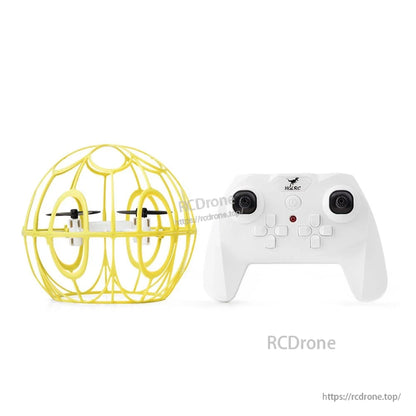 HGLRC A125 Soccer Drone with yellow spherical cage and white remote controller
