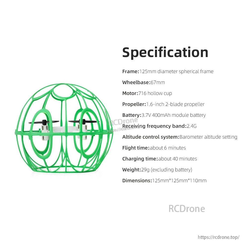 Drone specification sheet listing frame size, wheelbase, battery and flight time details