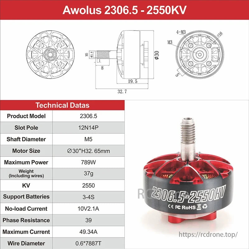 HGLRC Aeolus Brushless Motor, The Awolus 2306.5-2550KV motor features a 12N14P design, M5 shaft, Ø30*H32.65mm size, 789W power, weighs 37g, supports 3-4S batteries, and delivers high performance with optimized specs for various applications.
