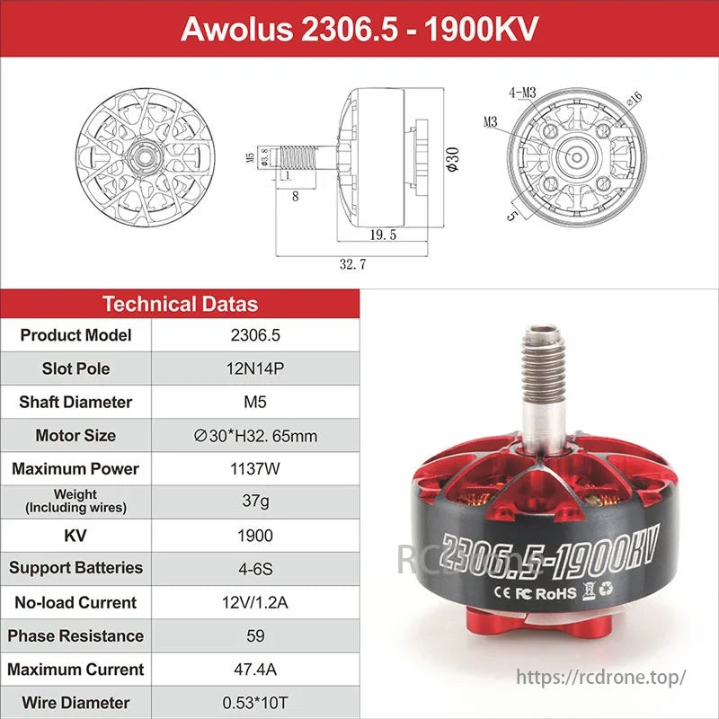 HGLRC Aeolus Brushless Motor, The Awolus 2306.5 - 1900KV motor features a 12N14P design, M5 shaft, Ø30*H32.65mm size, 37g weight, 1137W power, 4-6S support, 1900KV, and max 47.4A current. Specifications are clearly listed.
