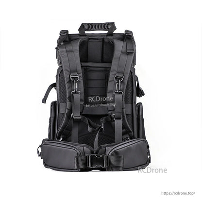 Back view of backpack with lumbar support belt attached and waist buckle fastened