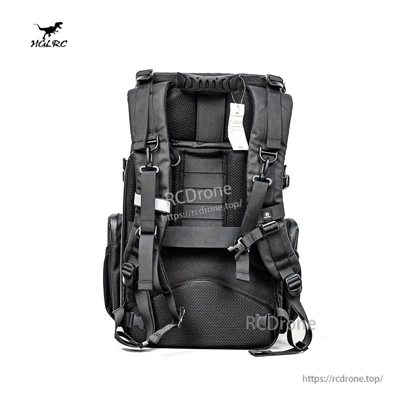 Rear view of backpack with padded shoulder straps, back panel padding, and adjustment buckles