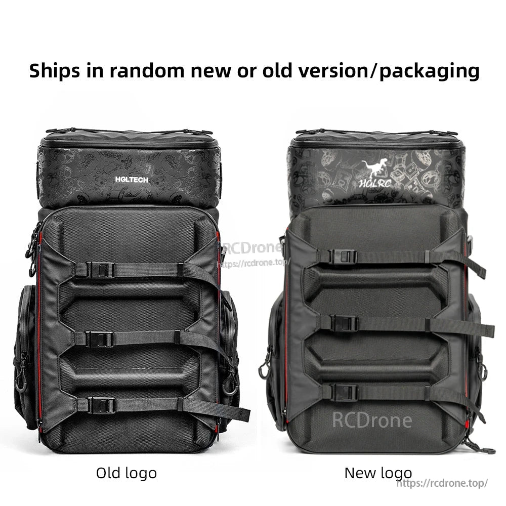 Backpack front comparison showing old logo vs new logo versions, random packaging note